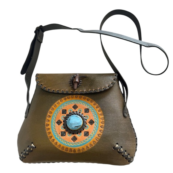 Cloe Leather Handbag - Olive with Brown long straps - Picture 1 of 5